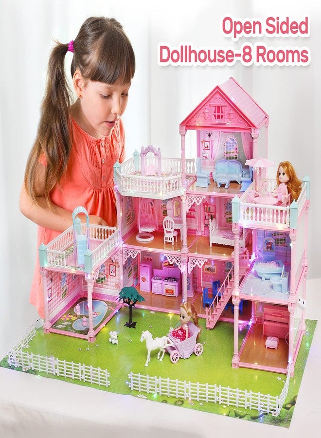 Cute Stone Dollhouse, Doll Dream House with Flashing Lights, Pretend Play Toddler Dollhouse Sets with 2 Dolls, Furniture, 8 Rooms and Doll Accessories, Creative Gift for Girls, L32 xH23 - Image 5